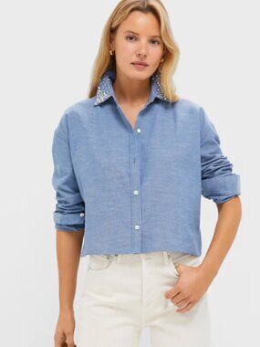Tuckernuck Chambray Cropped Button Down Small Embellished Collar Coastal Prep NW
